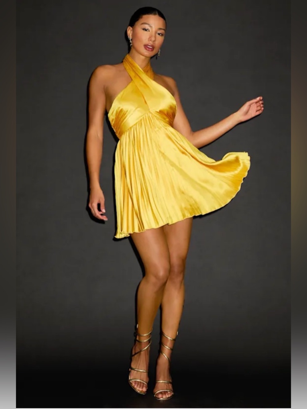 NWT Lulus Yellow Satin Halter Pleated Mini Dress XS
